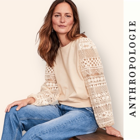 NWT Anthropologie/The Odells Jenna Lace-Sleeve Sweatshirt, Size M, MSRP $158 - Picture 3 of 10